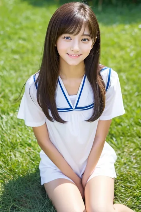 cute face　Real beautiful girl　 beautiful girl　full body　miniskirt　uniform　Summer clothes　white blouse　 Beautiful Thighs　Sitting on the grass　Knee　baby face　smile　 clear 　 low length 　 middle school student　High School Student White Panties Full View M Shap...