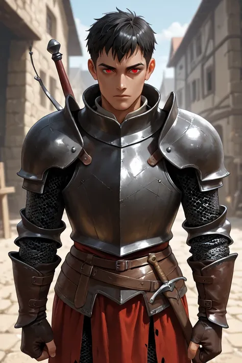 Anime short black haired man with red eyes wearing medieval armor 