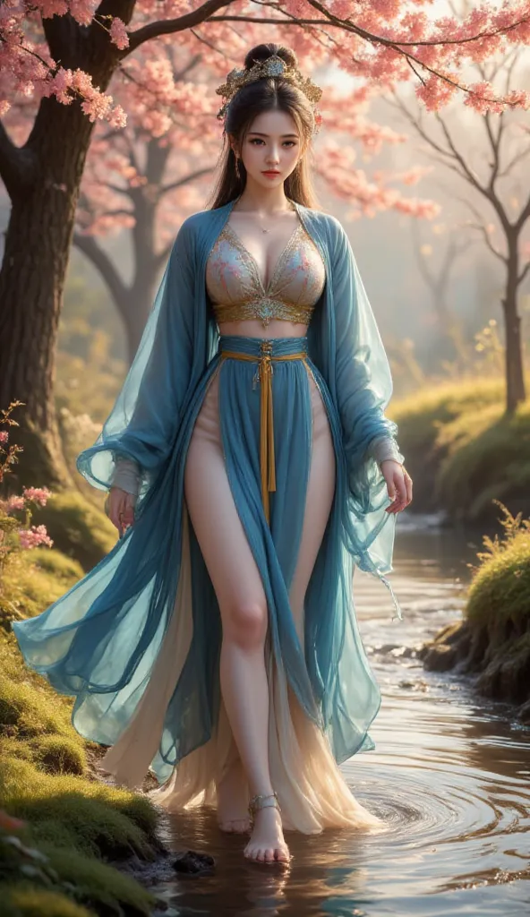 An ancient Chinese beauty, charming temperament, flowing long skirt, clear face, beautiful eyes, walking along a steam with spring flowers in blue, yellow, red tones in the background, perfect body structure proportional masterpiece, super detailed, epic c...