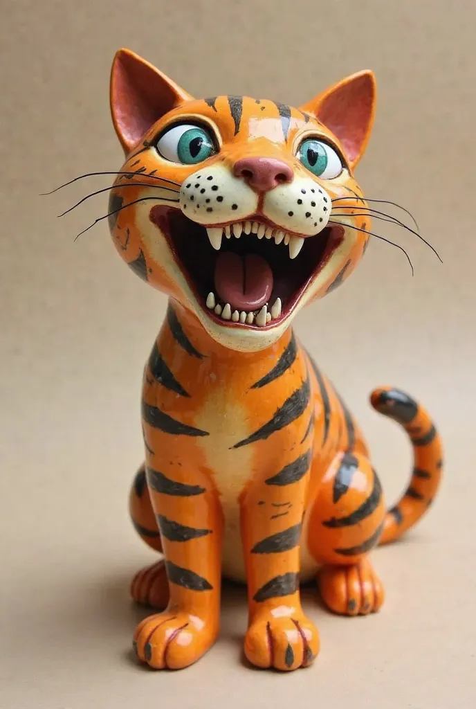 A stylized ceramic sculpture of a tiger-striped cat with a wide-open mouth and prominent teeth is presented against a neutral background.

The composition is simple and straightforward, showcasing the cat centrally within the frame. The cat is positioned i...