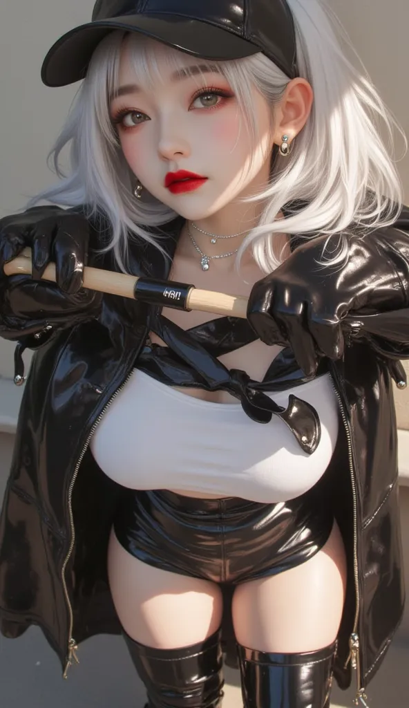 (Wear high-gloss black leather knee-high boots, Model poses at COEX, HOT HAE is written on the bat), she is a Korean SSBBW woman, (white perm short hair), (high gloss black latex baseball uniform), (high gloss black leather gloves),  big eyes, Red lips, gl...