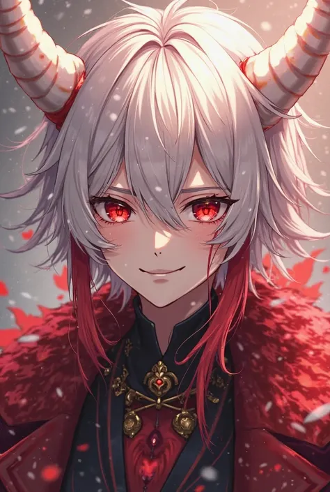  screenshot of Demon Slayer .
An effeminate boy with white hair and shoulder length with red locks with red eyes,two long white horns with red marks on his face, smiling (is a demon) And he is very pale that exudes warmth