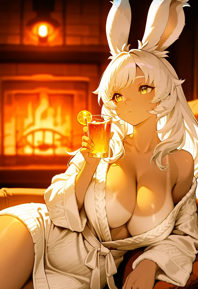 sfw, greatest masterpiece, top quality, 8k, solo Tanned Wearing ナイトガウンと bathrobe (Viera woman), Tannins,  wearing a transparent , (( deep neckline ,  white sweater,  bathrobe)), (((relaxing in front of an indoor fireplace))), (((drinks))), ((())), ((( ))),...