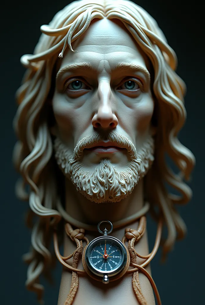 Face of Christ on forearm with biomechanical plus a small compass 