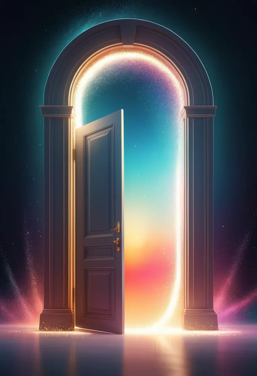 Generate a surreal image of a portal made of pure energy, full of sparkles and floating sparks. The composition must include abstract geometric shapes in an ethereal environment, giving the feeling of a door to another universe full of vibrant colors."