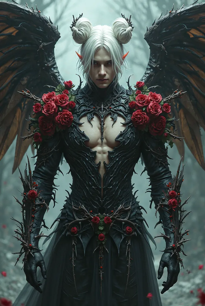  ( satan soul) has white hair and bangs tied into two buns and is male . Ohias has wings made of roses and thorns on his back. . 2 arms and 2 legs covered with thorns . Wear a low-cut dress . Draw 2 arms and 2 legs and especially draw the whole body on 1 p...