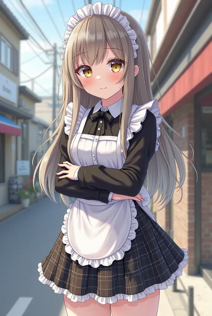 Cute 18 year old Japanese con cafe girl、On the road、very cute face、 very white skin 、 pear shape、black fine plaid maid clothes、I have a short skirt and I'm wearing knee-high socks、Big chest and sexy body、Anime drawing for adults