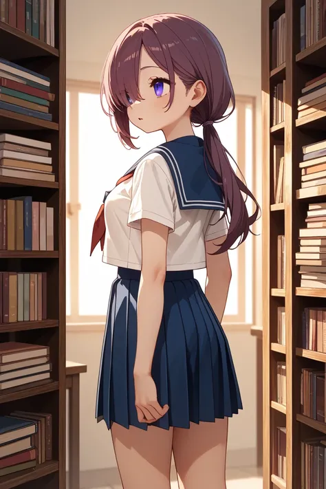 nsfw, pink long hair, medium breasts, highest quality, Anime style, one girl, young girl, dark purple eyes, square head, Straight face,  tall stature, hair over right eye, swept bangs,  low ponytail,  ,  shelf, blue skirt, sailor dress, searching book, fro...