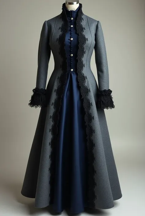 I need you to help me visualize a garment that is described in a part of a book. The book is still in the Victorian era, In the city of London, so take these details into account when generating the garment. This is a wool walking dress in a midnight blue ...