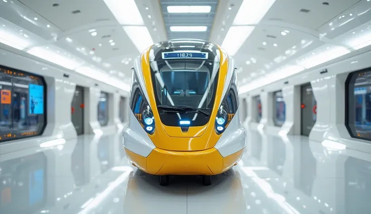 "A high-definition  front view of a futuristic train in a luxurious, wihte showroom. The train features a sleek, aerodynamic design with a yellow and white color scheme, large panoramic windows, and glowing LED accents. The showroom has bright modern light...