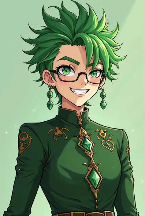 Peridot gemstone guy, green, Anime, fantasy clothes, humanoid, gemstone shards on body, Best Quality, Shiny Hair, Spiked Hair, glasses,Earrings, Makeup, Fangs, Upper Teeth, Light Smile, green eyes, green hair, funny, handsome