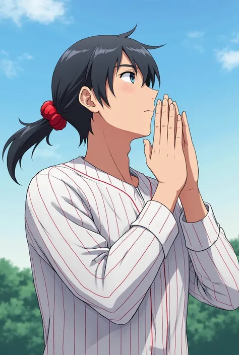 (masterpiece, high quality, Hi-Res), Baseball club manager looking up diagonally with his hands at his mouth、斜め上を見上げる野球部のマネージャー、 look up at the sky、 dark hair、ponytail、I'm putting my hair together in a red scrunchie、white long-sleeved jersey with thin red ...