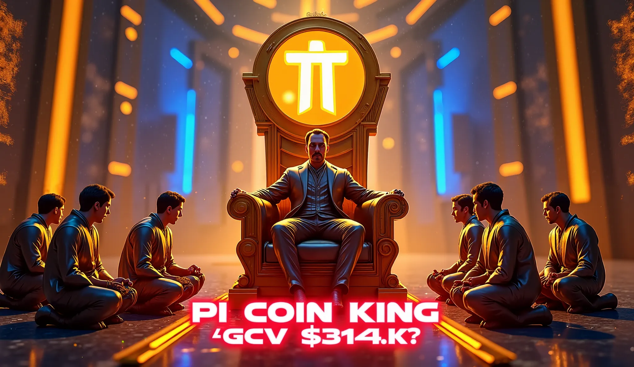 "A majestic scene where Pi Coin (π) is sitting like a king on a grand golden throne, glowing with power. The official Pi Coin logo is prominently displayed on the throne’s backrest. Surrounding the throne, other top cryptocurrencies like Bitcoin, Ethereum,...