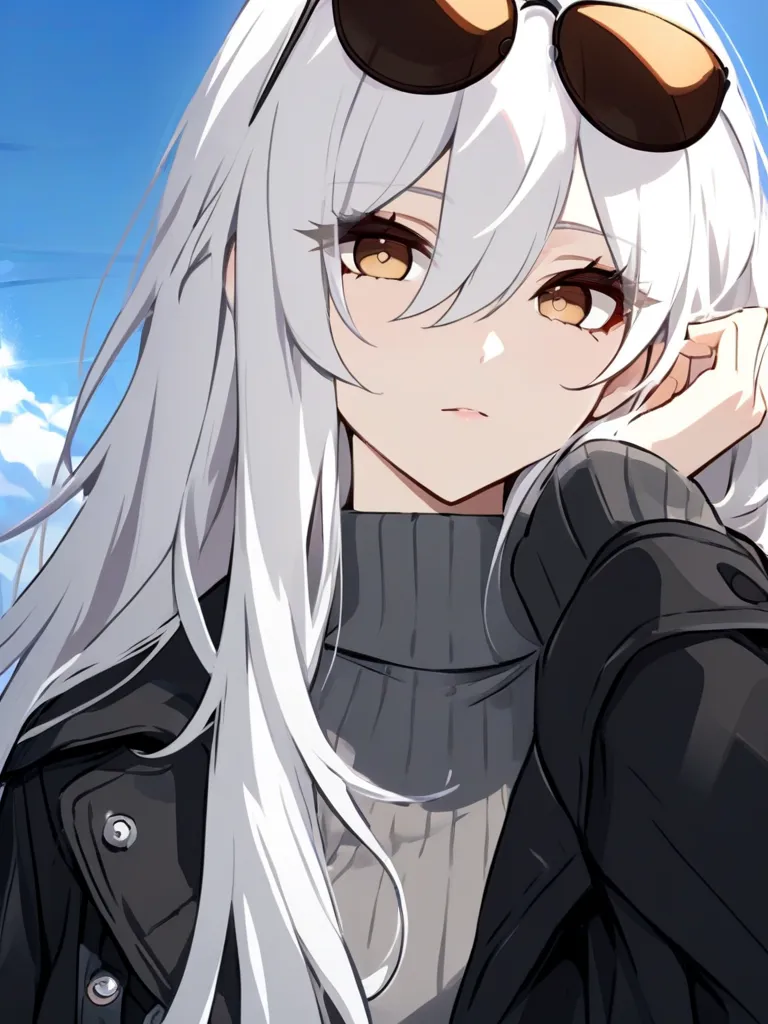 Best Quality:1.3, Masterpiece:1.3, Anime Style, Hand up, (close mouth), Honkai Art, 1girl, White Hair, Brown Eye's Color, Wearing Black Coat over a Gray Turtleneck Sweater, A Sunglasses resting atop of head, leaning, Long hair, Hair between eye