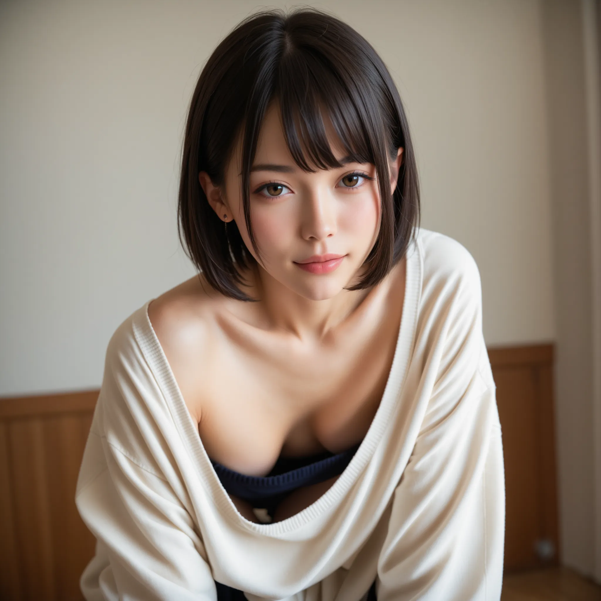 (((score_9, score_8_up , score_7_up , masterpiece, Ultra high definition，Highest quality, best quality, Sup er detailed, ultra-high resolution, realistic, Photorealistic, RAW photos, 8k))), NSFW, oversized pullover, Wide open chest, (((downblouse:2))), (((...