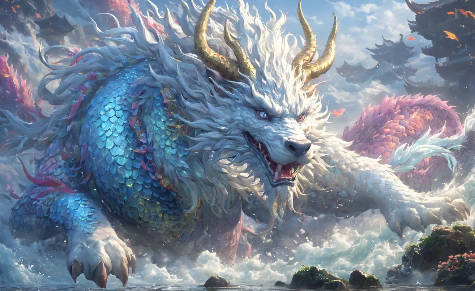 Chinese Kirin，Ancient mythical beasts ，fantasy creature、Dragon&#39;s Head，rabbit eyes、  antlers、Cow's mouth，The body of a horse ，The hooves of the four wolves，Dragon&#39;s Tail，There are multicolored fish scales on the body，rendering，Ultrafine，high quality...