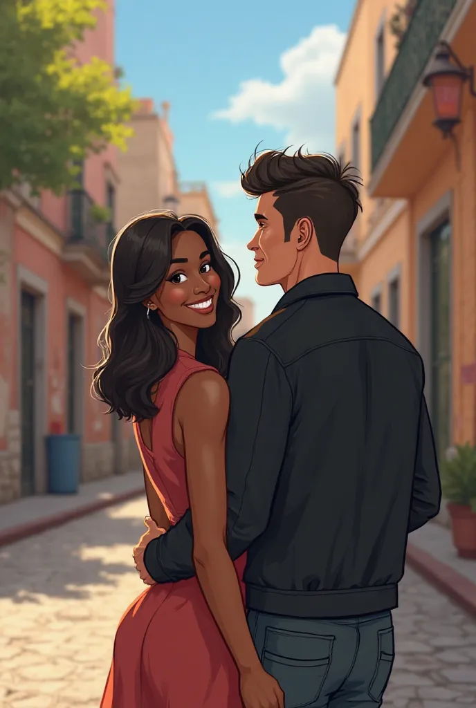 Young dark skinned black woman smiling straight medium hair wearing a simple dress from behind with a handsome white bad boy style man wearing black jacket on the streets of Mexico realistic modern cartoon style 