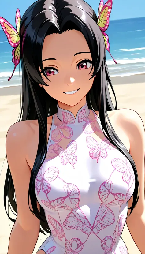 dsKanae, black hair, long hair with butterfly hair accessory, swimsuit, butterfly patterned one-piece swimsuit, smiling, facing forward, beach background, white one-piece swimsuit, upper body, front view, front view, smiling, sound, high quality, 4K, mediu...