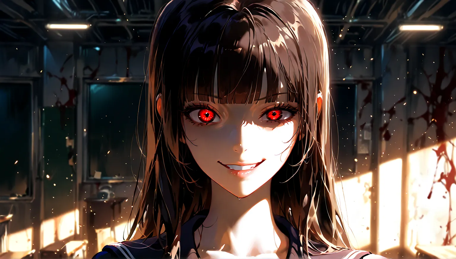 masterpiece, best quality, very aesthetic, absurdres, safe, (masterpiece), best quality, expressive eyes, perfect face, girl in love, dark brown iris, yandere, smirk, crazy eyes, eyes wide open, blunt bangs, black long hair, straight hair, solo, school, da...