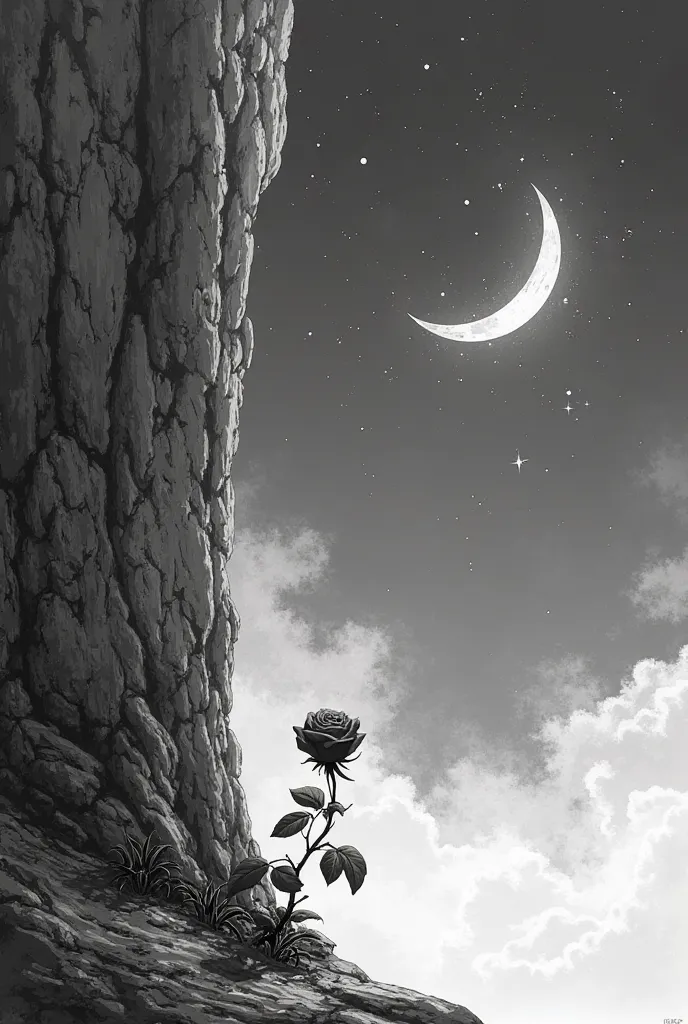 Can you make me a picture of a rose on a cliff in the bottom left corner and a crescent moon in the top right corner black and white 