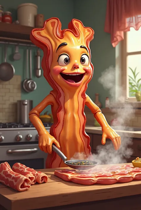 Bacon man cooking bacon with a cartoon style