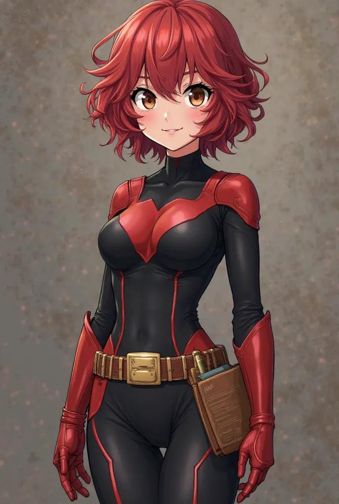 Screenshot of my hero Academia

Create a slim girl with prominent bust with short curly cherry red hair with bangs, big brown eyes, in his black hero costume with red details he has a belt on which he has paper and a pencil and explanations, In the backgro...