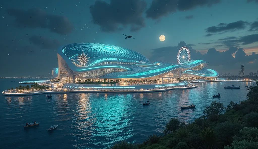 Ultra-details, superrealistic, 8K, starry and moonlight, night scene. The gargantuan curval minimalist futuristic offshore floating city with Amusement park include The wave generator pool machine and water-slider, ferris wheel, roller coaster, carousel, t...