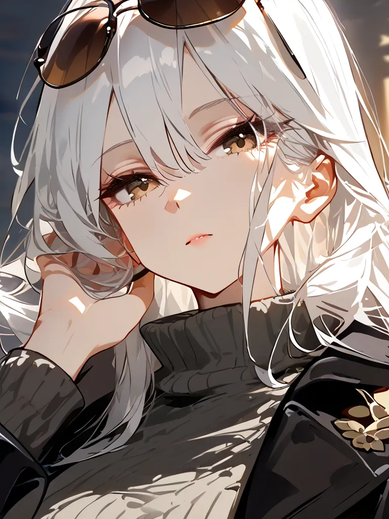 Best Quality:1.3, Masterpiece:1.3, Anime Style, Hand up, (close mouth), Honkai Art, 1girl, White Hair, Brown Eye's Color, Wearing Black Coat over a Gray Turtleneck Sweater, A Sunglasses resting atop of head, leaning, Long hair, Hair between eye