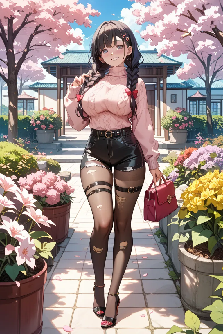 Black hair braids 、Big Breasts、Japanese、plump body、Married Woman、smile、 standing、lean forward、 Slightly Squinting 、Overlook、cherry blossom petal hairpin、pink shoulder pull-out sweater、 Damaged Shorts 、black tights、black thigh belt、black leather high heels、...