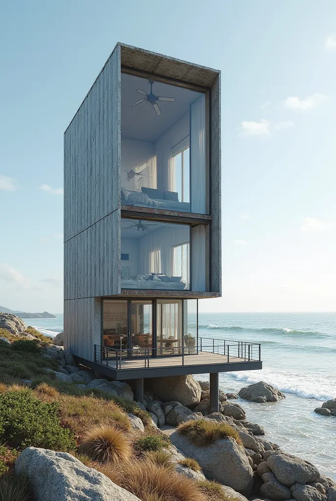 modern beach house. It’s tall and narrow, not too exaggerated though, with an industrial vibe of metal and glass.