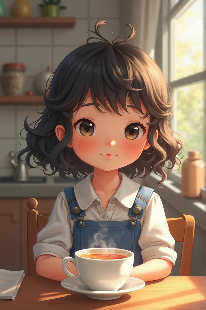 Curly haired girl school uniform white tea