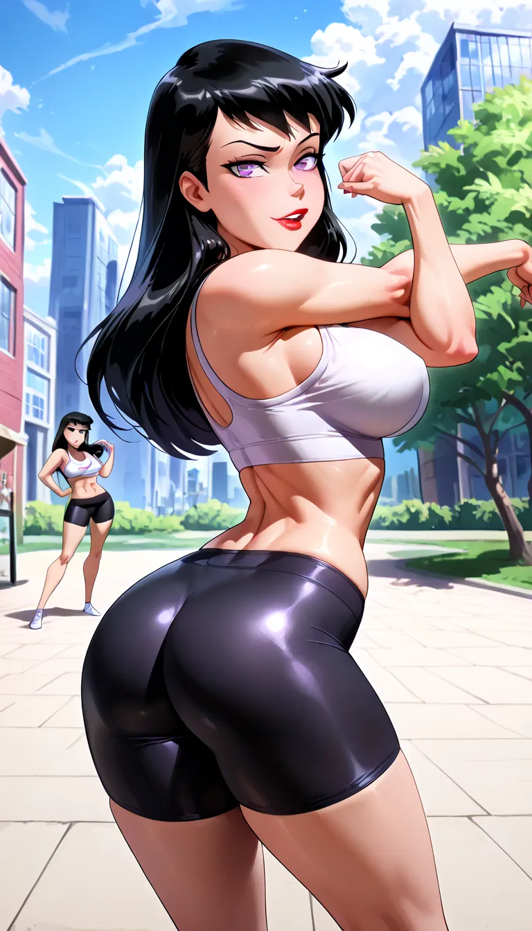 PonyXLV6_Scores BREAK (perfect anatomy, perfect eyes, cowboy shot) BREAK lois lane, long hair, black hair, purple eyes, red lips, flirting, raised eyebrow, ((looking back at viewer)), white sports bra, midriff, bike shorts, large breasts, curvy, toned, ath...