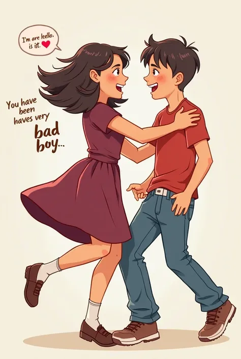 A girl in a burgundy dress playfully wrestling with her friend in a red shirt and blue jeans, the Girl playing pulls the boy's underpants and jeans  The girl says: you have been a very bad boy and grabs him in the blue underpants from behind in the back an...