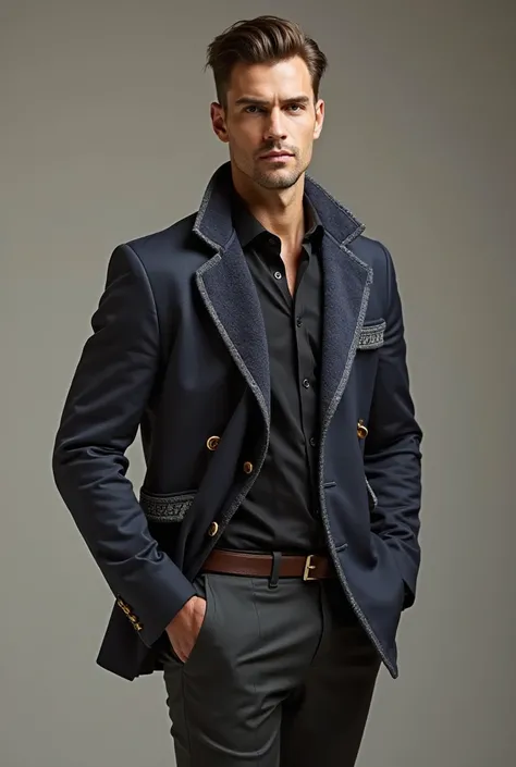 make a man standing front wearing a beautiful and class jacket 