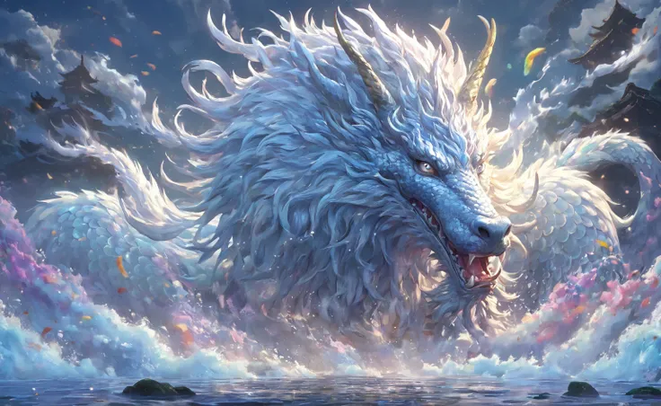 Chinese Kirin，Ancient mythical beasts ，fantasy creature、Dragon&#39;s Head，rabbit eyes、  antlers、Cow's mouth，The body of a horse ，The hooves of the four wolves，Dragon&#39;s Tail，There are multicolored fish scales on the body，rendering，Ultrafine，high quality...