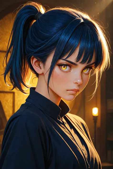 dark blue hair, yellow eyes, anime girl, ponytail, detailed portrait of a young anime-style girl with dark blue hair in a ponytail and bright yellow eyes, facing forward with a serious expression, 4K, ultra-detailed, cartoony, studio lighting, professional...