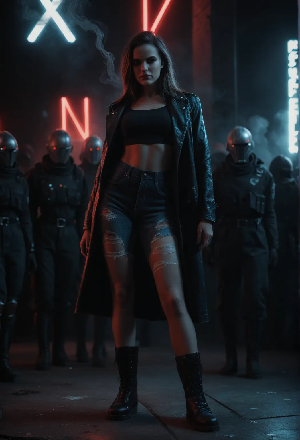 5 women,thrash metal band,leather,torn denim,boots,provocative,pyrotechnics,photo-realistic,masterpiece,4K,cinematic,dramatic lighting,moody atmosphere,intense facial expressions,dynamic poses,metallic textures,smoke effects,neon lights,dark color palette,...