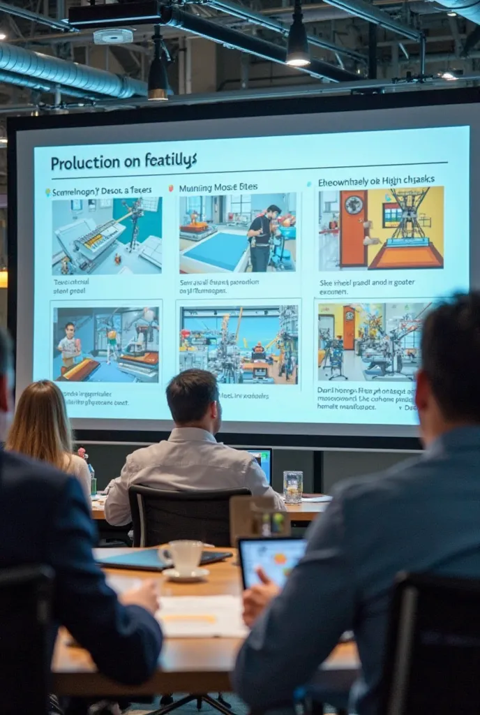 at the Estron Company office, training slides on production safety with content including noise control, safety of using sharp objects, safety of high temperature manipulation, and swinging position.