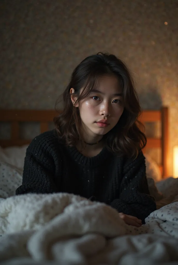  A Girl, with brown skin wavy brown hair, and brown eyes, lying on his dorm bed, wearing a very tall and handsome black sweater,  , your vampire colleague, is sitting on her bed watching her sleep, a 19-year-old Asian boy, Japanese