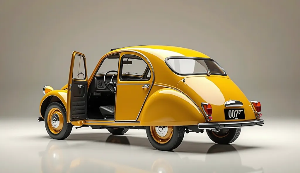 create an oily ultra-detailed 3D render of a Classic, Citroen 2CV6 James Bond 007 parked on smooth driveaway with open doors.The car's should feature a 'Gleamy glossy painted glossy Jaune Helios with Black "007" decals on doors and trunk 'color and sleek. ...