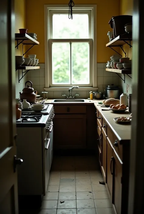 A small, old kitchen, with walls yellowed by time and appliances aged. The sink is filled with used dishes, and the worn wooden countertop has utensils scattered, including plates with bread, eggs and cutlery. An old stove, with worn burners, It is in the ...