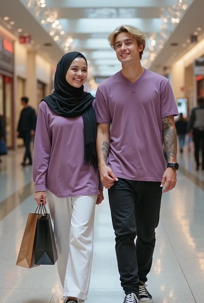 A beautiful young Indonesian woman smiling facing towards the camera with white face glowing natural pink lips natural pink lips wearing a long shirt in plain purple color sparkling wearing white trousers wearing a hijab pashmina meleyot black color is wal...