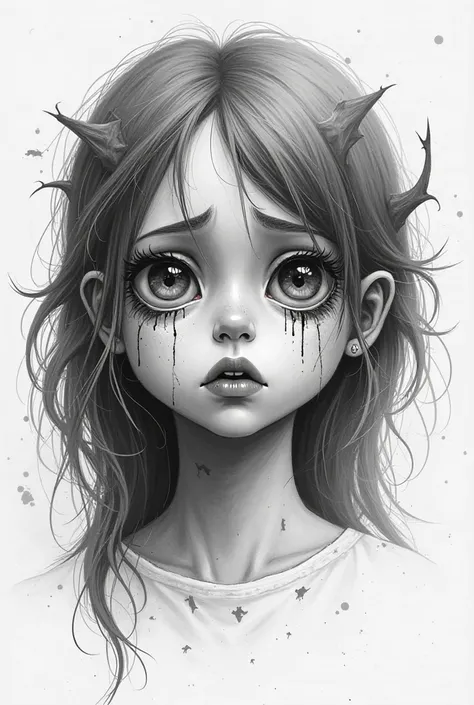 Create for me an unrealistic drawing of the face of a big girl and a , make her cry very much and make her cry and make her have thorns around the disability. Make the drawing sad and sad with terrifying and scary details. Make it white and black 