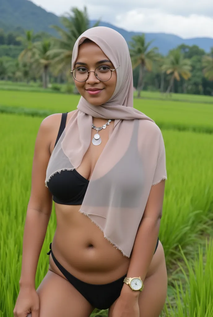 Indonesian woman, wearing a hijab, wearing round oval glasses, wearing a necklace, small watch, natural face without make up, local face, black bra and black panties, brown skin, big buttocks, wide waist, in a coconut tree rice field, mountain view, 4K, HD...