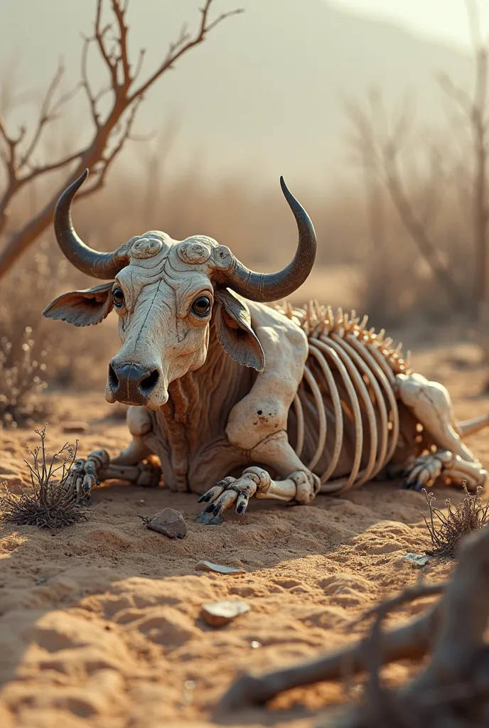 The skeleton of a wild buffalo. lying on the cracked desert. Burnt trees. Clear skeleton, behind the skeleton blurred.