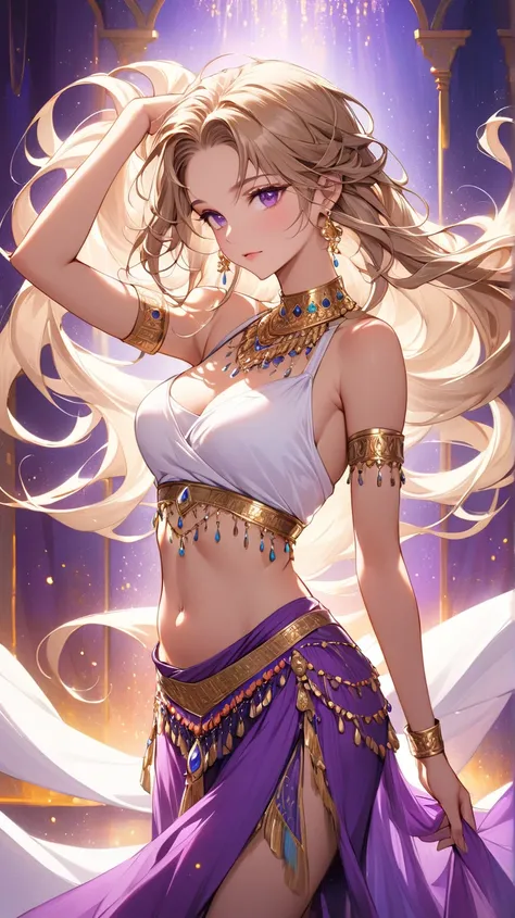 masterpiece, best quality, ultra detailed, 1girl, ((cowboy shot)), belly dancer, purple vest,white tube top, bronde hair,