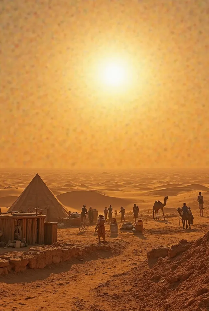 Prompt: A vast Egyptian desert under the blazing sun, with golden sand dunes stretching endlessly. A group of archaeologists and workers, dressed in early 20th-century attire, dig near an ancient ruin. A wooden tent, excavation tools, and camels in the bac...