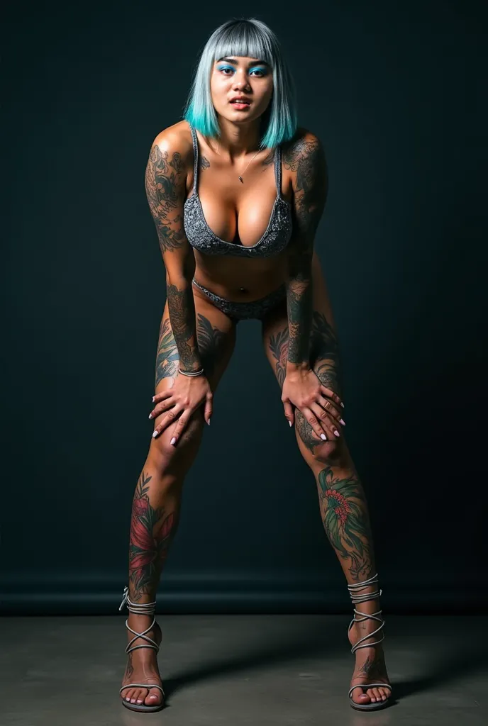 ((Masterpiece, High Quality, 8K, UHD, Hyper Realistic, Sharp Focus)). Full body portrait of a sensual muscular Malay woman with nude body, full tattoos all over her body, full color tattoos all over her breasts, Beautiful neon blue eyeshadow, glossy neon b...