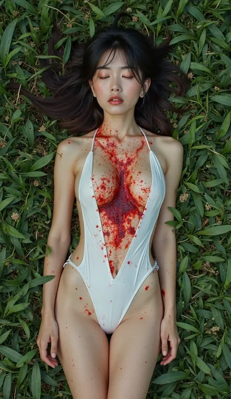 Watch from above，A 30-YEAR-OLD KOREAN WOMAN IN A WHITE BIKINI LIES DROWSY IN THE GRASS， Exposes painful feelings ，vomiting blood from the mouth，Eyes closed ，long legs，barefoot， body covered in blood ，A lot of blood on her chest 