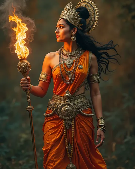 Create an image where modern-day women are depicted as incarnations of Hindu goddesses, symbolizing strength, wisdom, and empowerment. The scene should blend contemporary elements with divine aesthetics. Symbolic objects like a stethoscope glowing like a d...